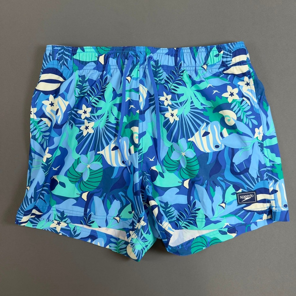 Speedo Mens Swim Trunks Medium Blue Tropical Fish Print Drawstring Beach Shorts